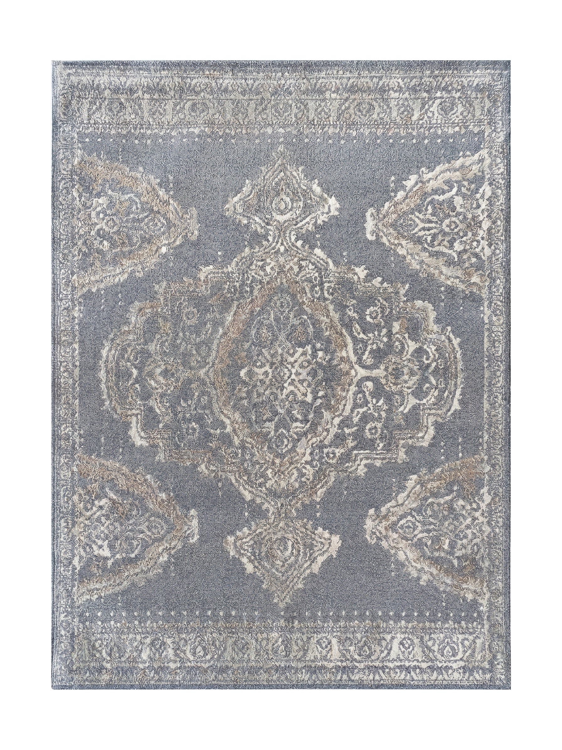 Tapis rectangulaire en textile bleu gris avec un grand motif central et des bordures ornementales crème et marron