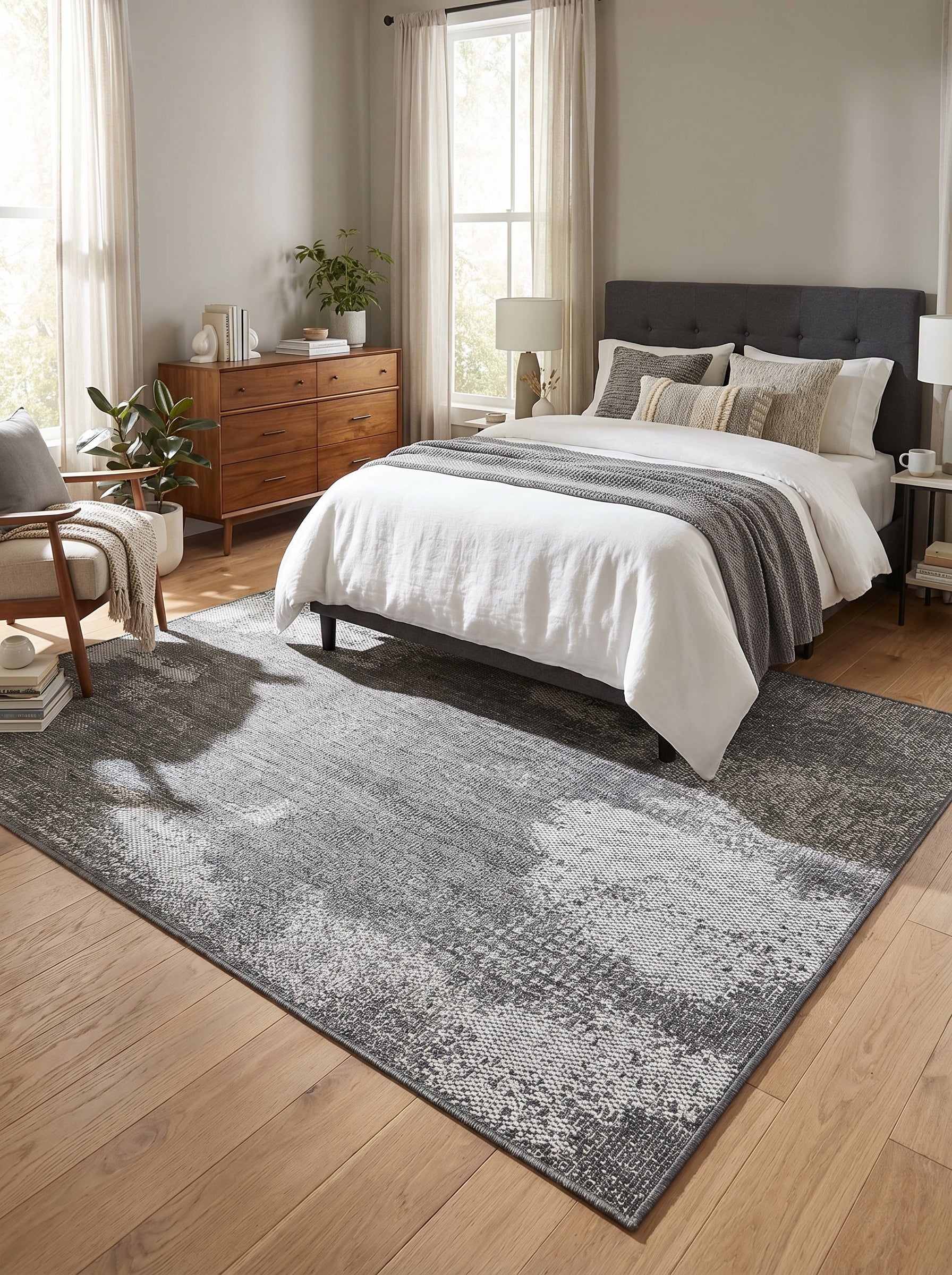 Tapis rectangulaire tissé gris anthracite et blanc cassé, aux motifs abstraits effet usé, posé sur le plancher d'une chambre