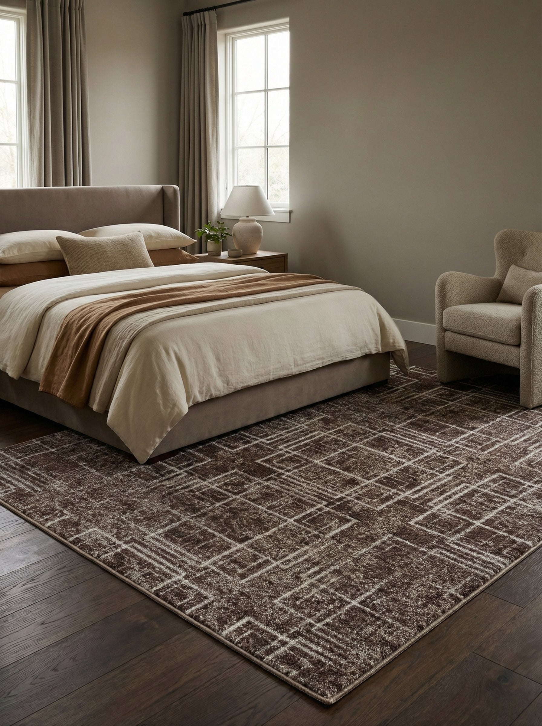 Tapis rectangulaire texturé marron foncé avec des motifs géométriques abstraits de lignes blanc cassé, dans une chambre