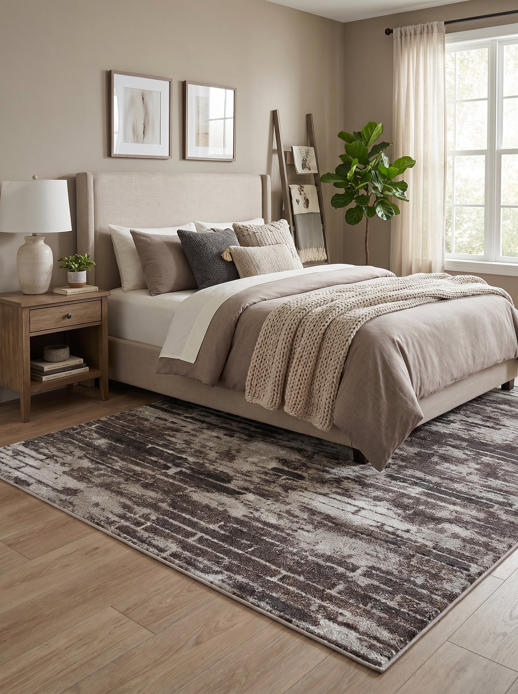 Tapis rectangulaire aux motifs abstraits délavés marron foncé, beige et gris clair, posé sur le sol d'une chambre