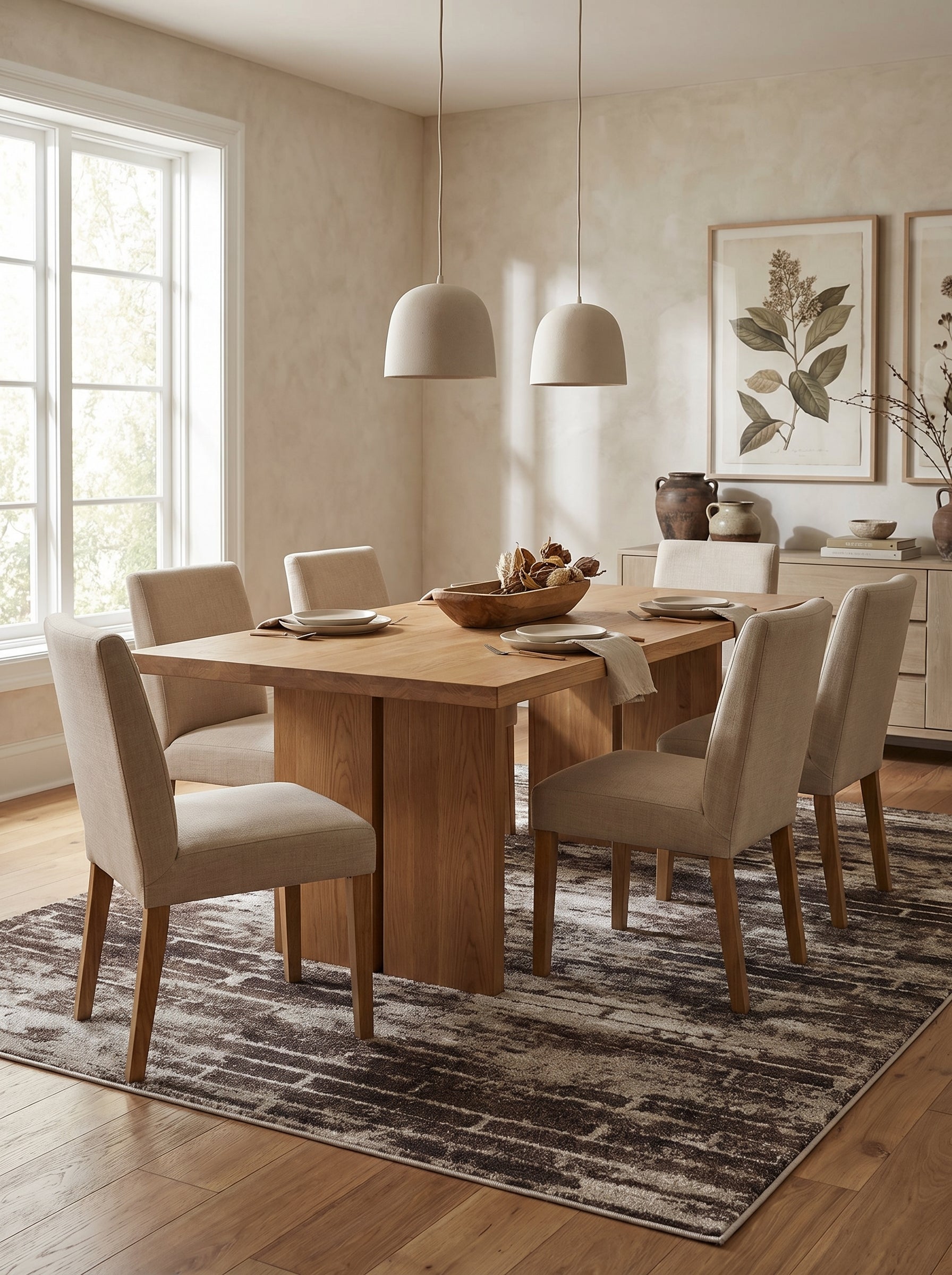 Tapis rectangulaire aux motifs abstraits et texturés, mélangeant le marron foncé et le beige clair, dans une salle à manger