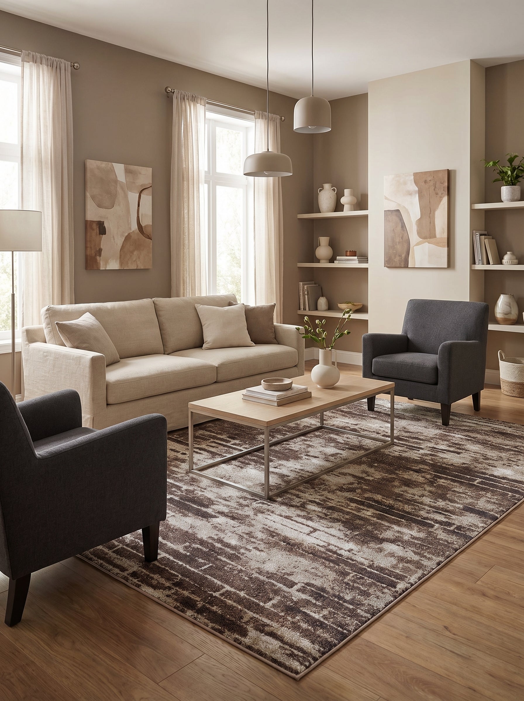 Tapis rectangulaire à motifs abstraits effet brossé marron foncé et crème, sur un parquet clair dans un salon