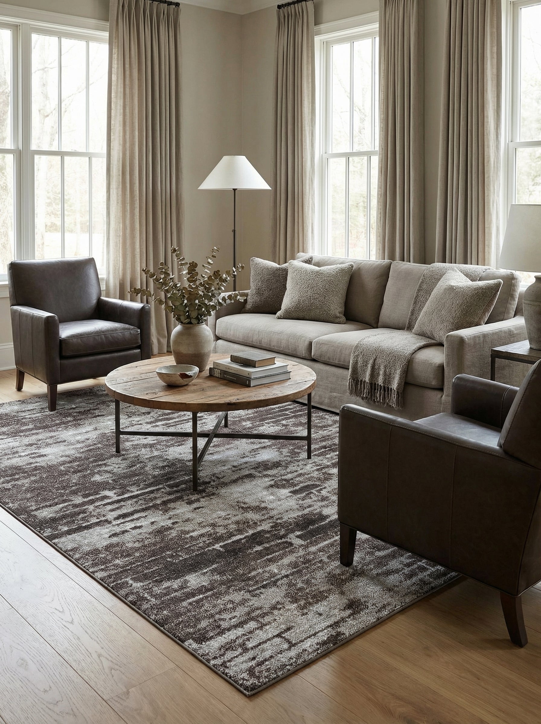 Tapis rectangulaire aux motifs abstraits de coups de pinceau gris foncé et beige clair, texturé, dans un salon