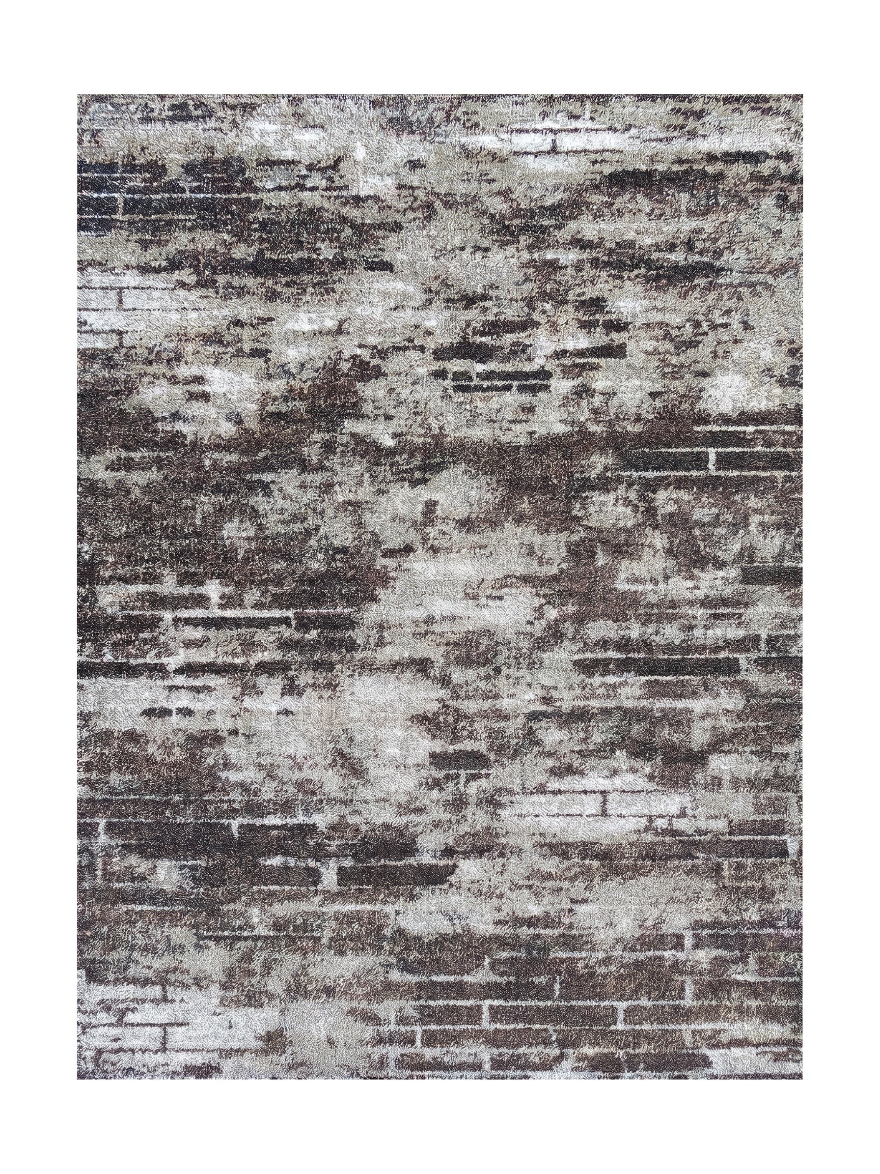 Tapis rectangulaire aux teintes marron foncé et gris clair, avec un motif abstrait de bandes horizontales et une texture douce