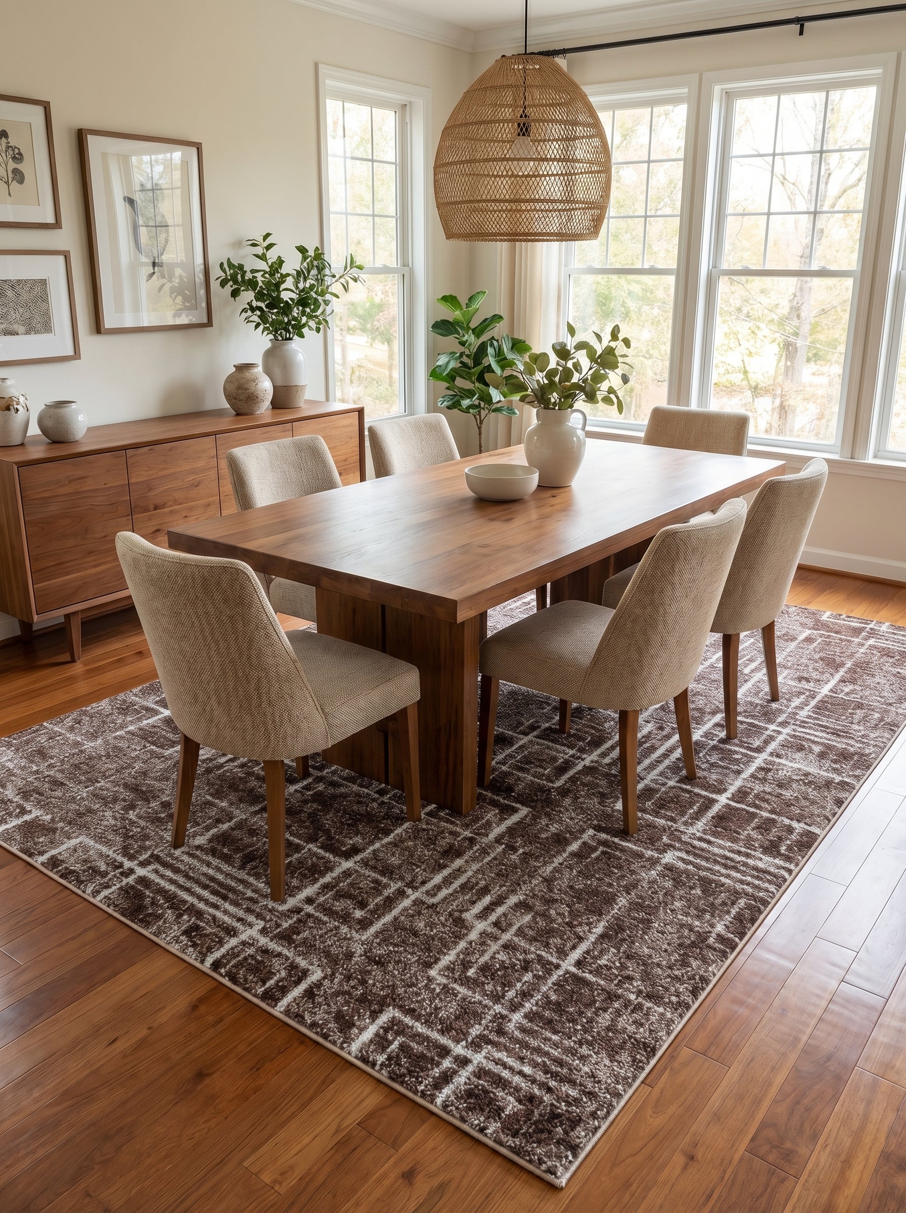 Tapis rectangulaire marron foncé à poils longs avec des motifs géométriques blancs cassés, situé sur un parquet dans une salle à manger
