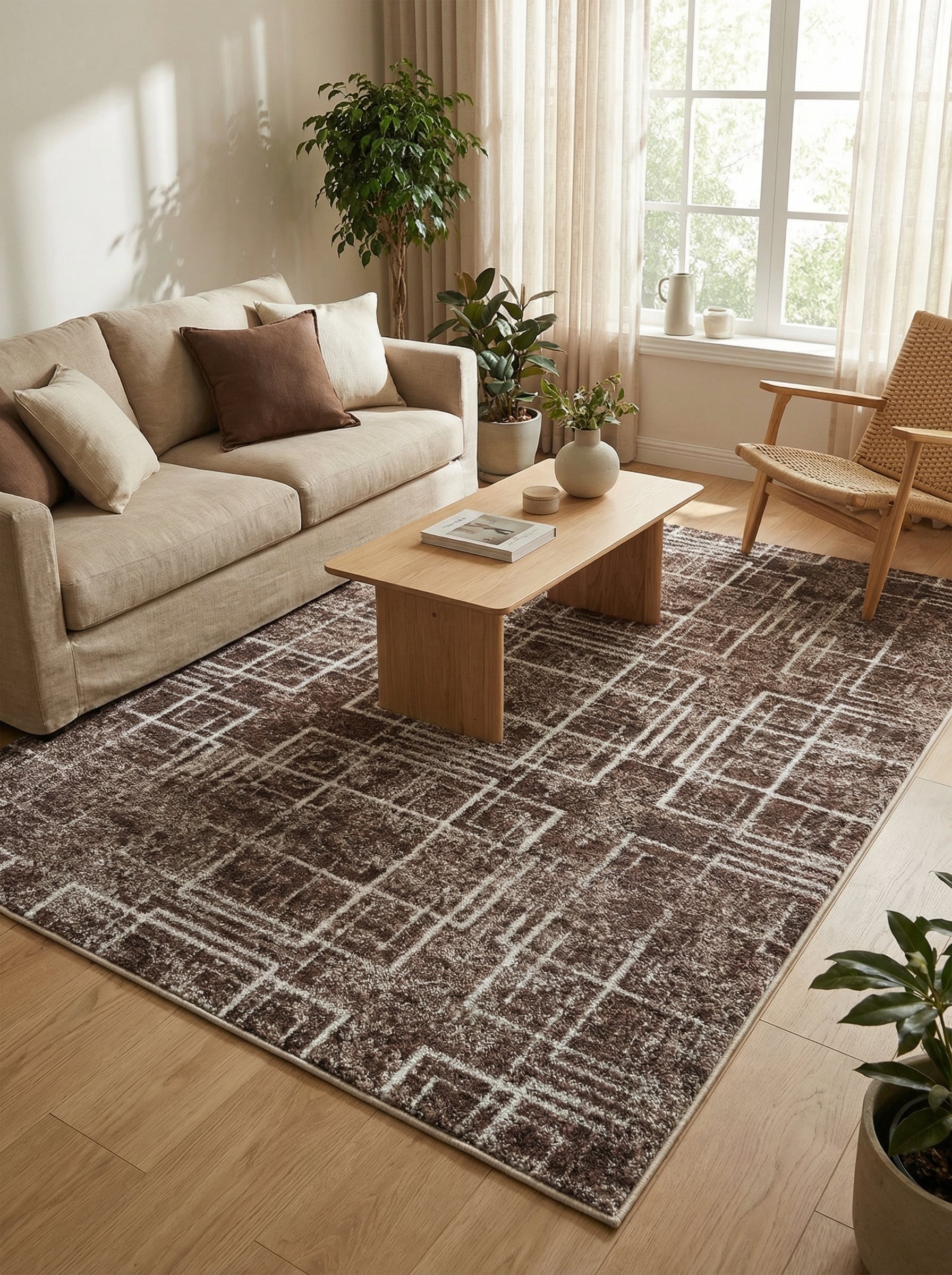 Tapis rectangulaire marron foncé avec motifs géométriques abstraits clairs, posé dans un salon moderne et lumineux