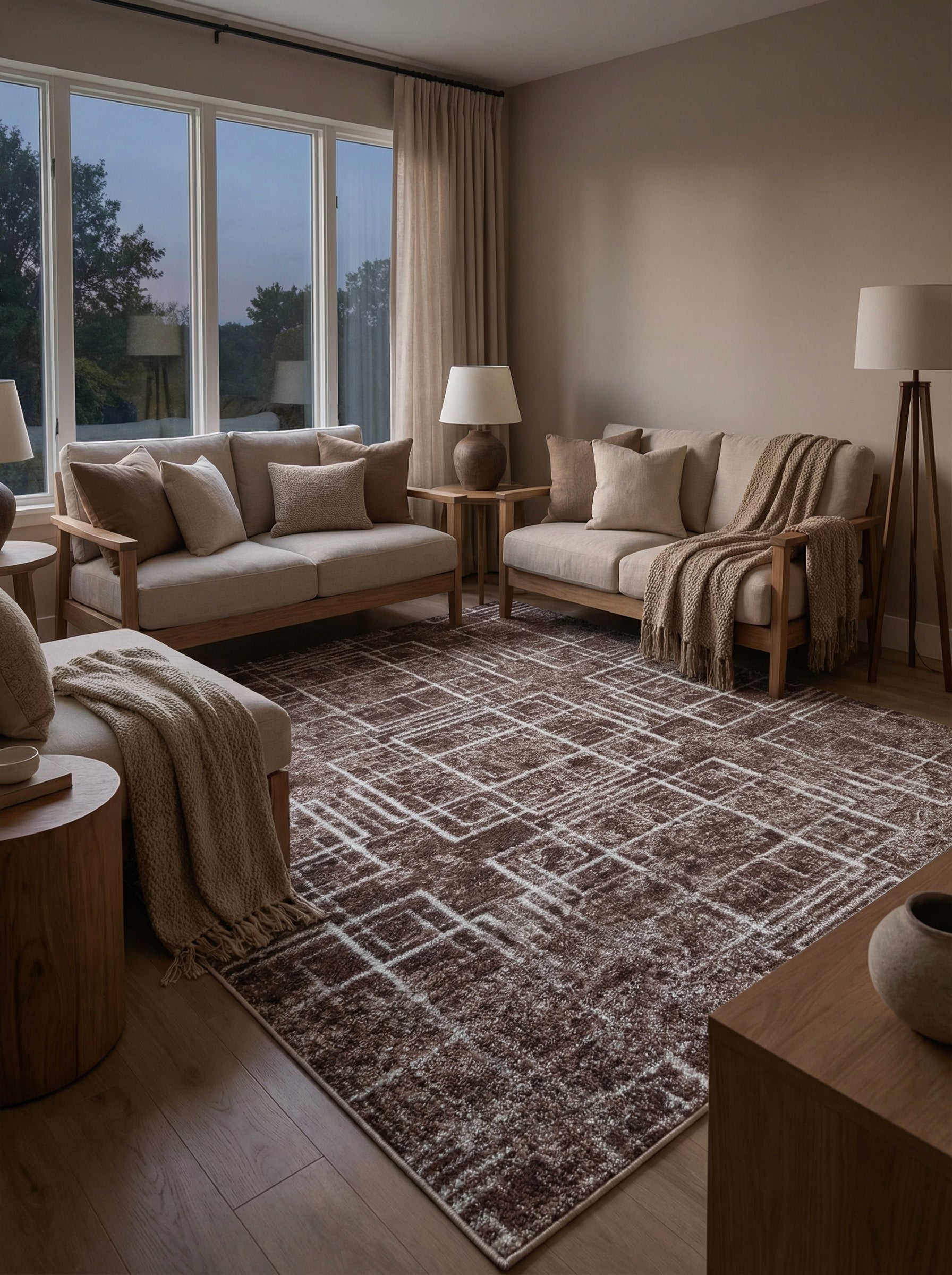 Tapis rectangulaire marron foncé à motifs géométriques abstraits crème, posé sur le sol d'un salon moderne