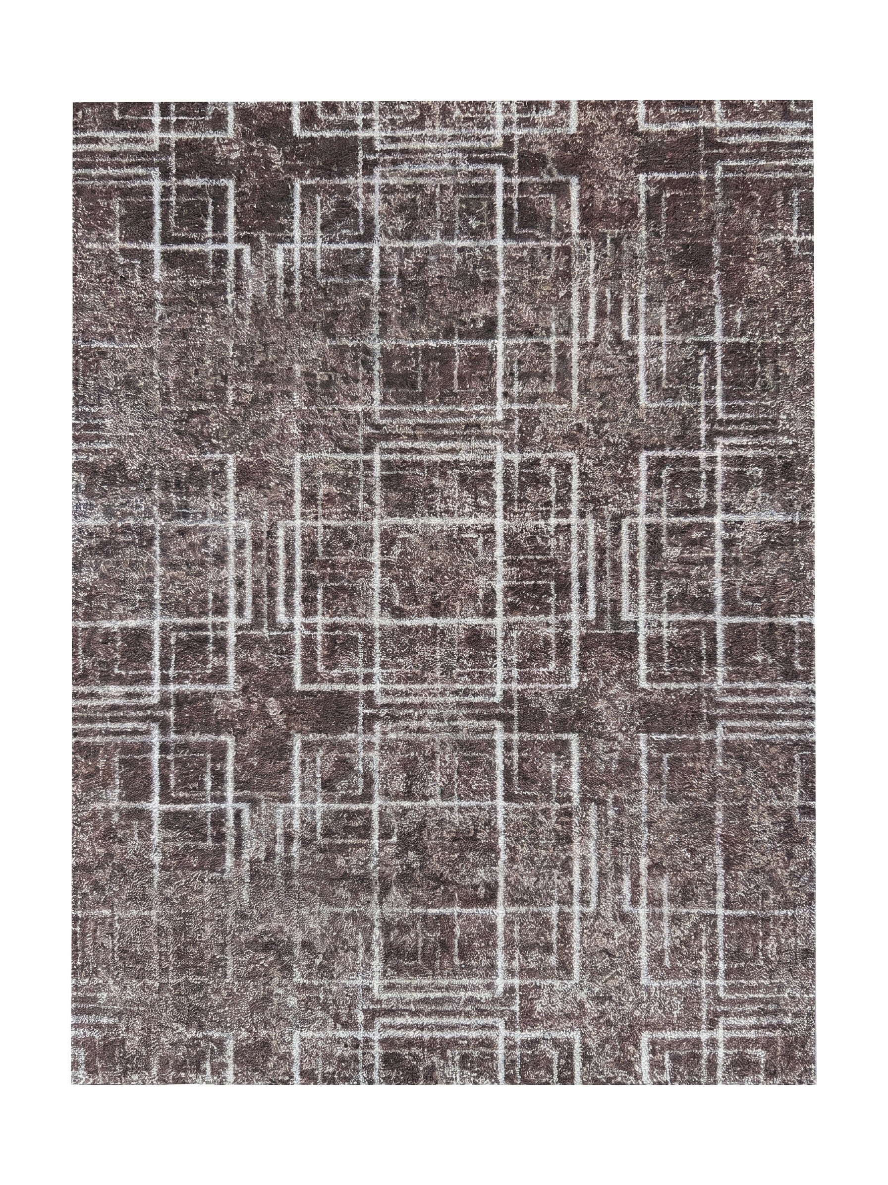 Tapis texturé marron foncé et gris avec des motifs géométriques de carrés et rectangles blancs