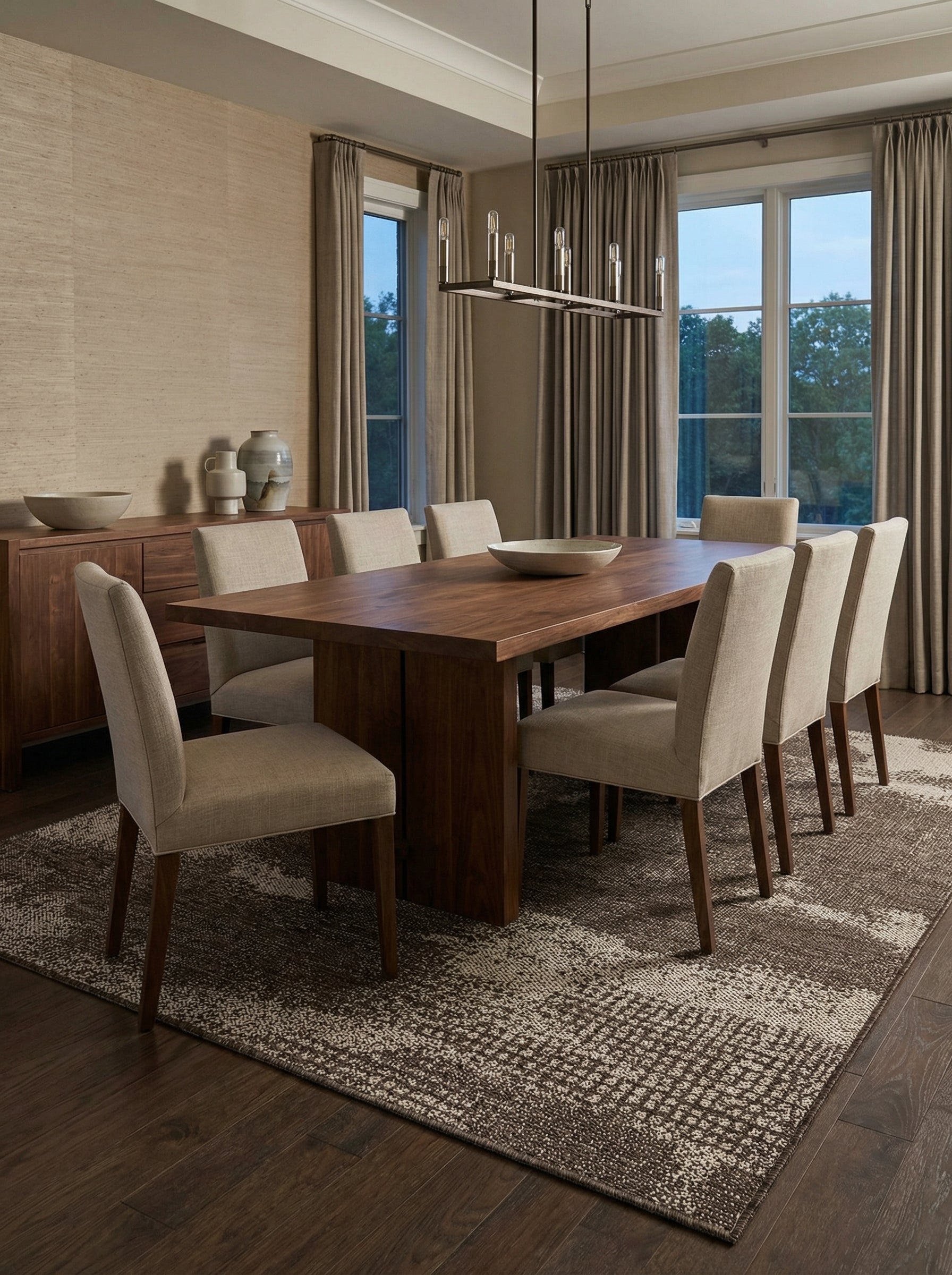 Tapis rectangulaire à motifs texturés et délavés en tons de marron foncé et beige, dans une salle à manger