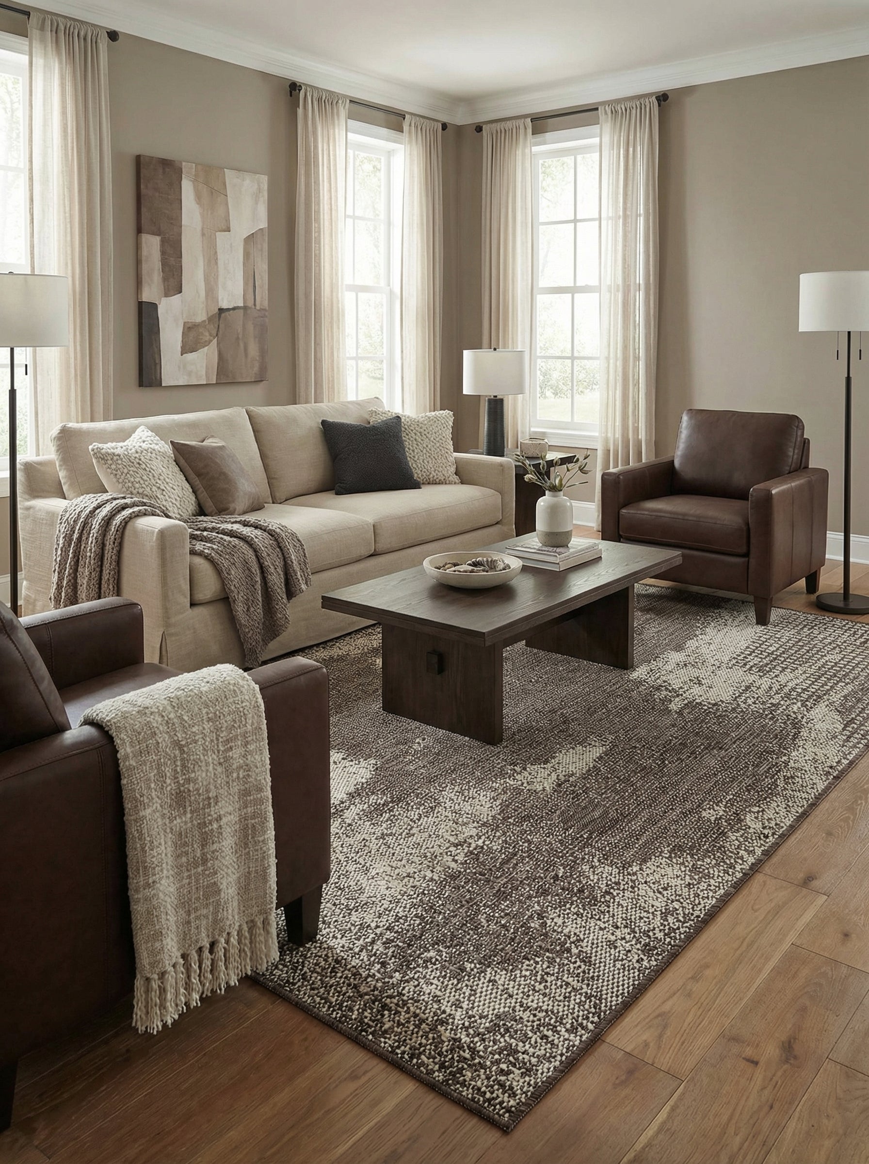 Tapis rectangulaire aux motifs abstraits marron et crème, avec un effet délavé et une texture tissée, dans un salon décoré