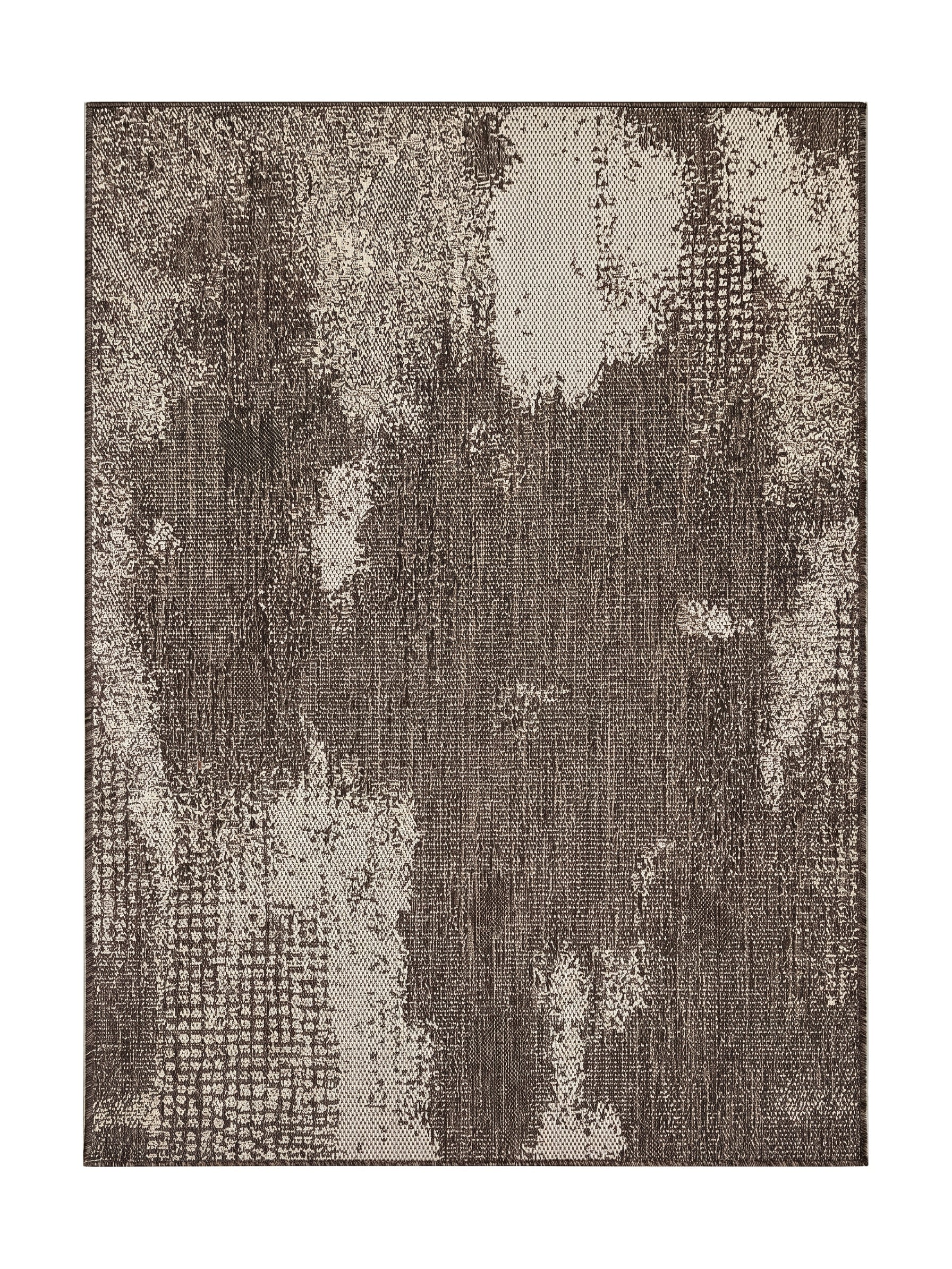Tapis rectangulaire à motif abstrait marron foncé et beige clair, avec une texture tissée et des zones délavées