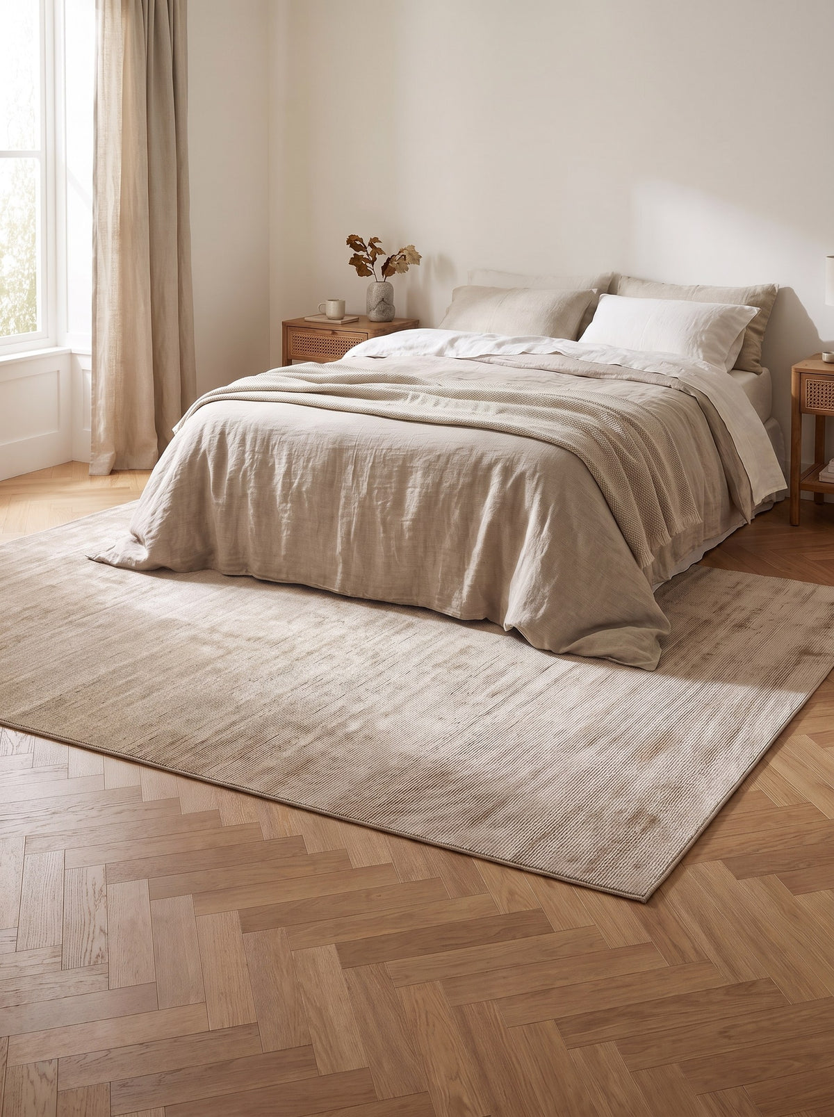 Viskoseteppich Sandbeige - Lustro unter dem Bett im Schlafzimmer einer renovierten Altbauwohnung, auf altem Eichenparkett