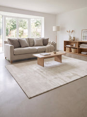 Off-White Viscose Rug - Lustro in an architect-designed living room with polished concrete floors