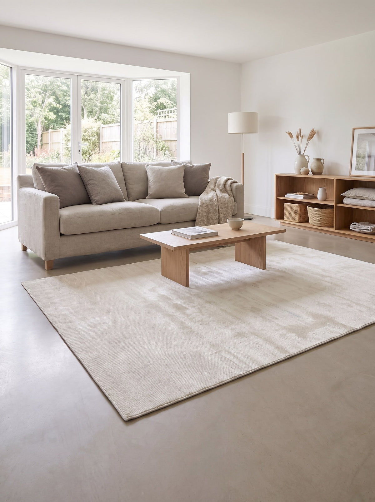 Off-White Viscose Rug - Lustro in an architect-designed living room with polished concrete floors
