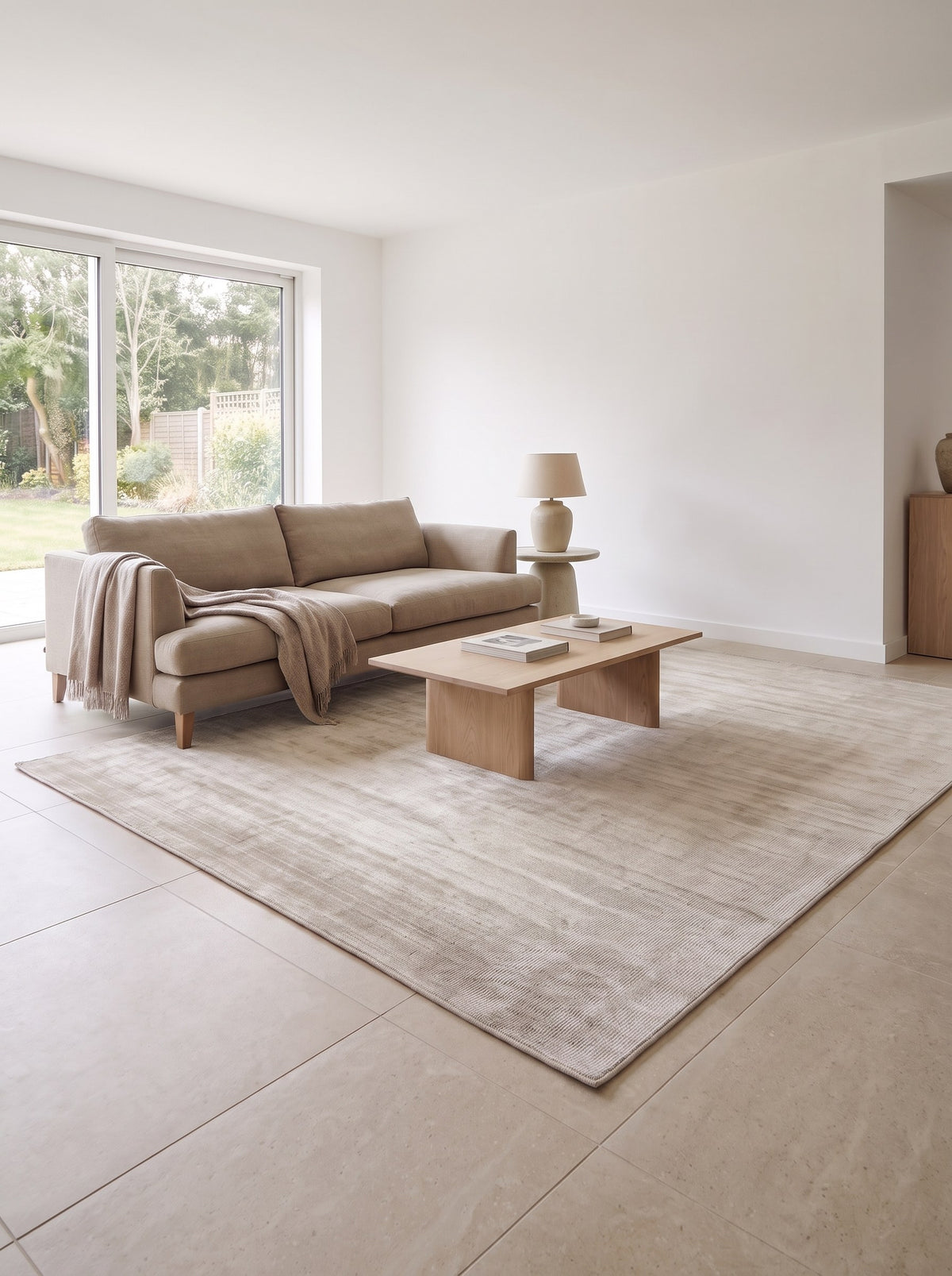 Viskoseteppich Greige - Lustro im Wohnzimmer eines renovierten 70er-Jahre-Hauses mit großen beigen Bodenfliesen