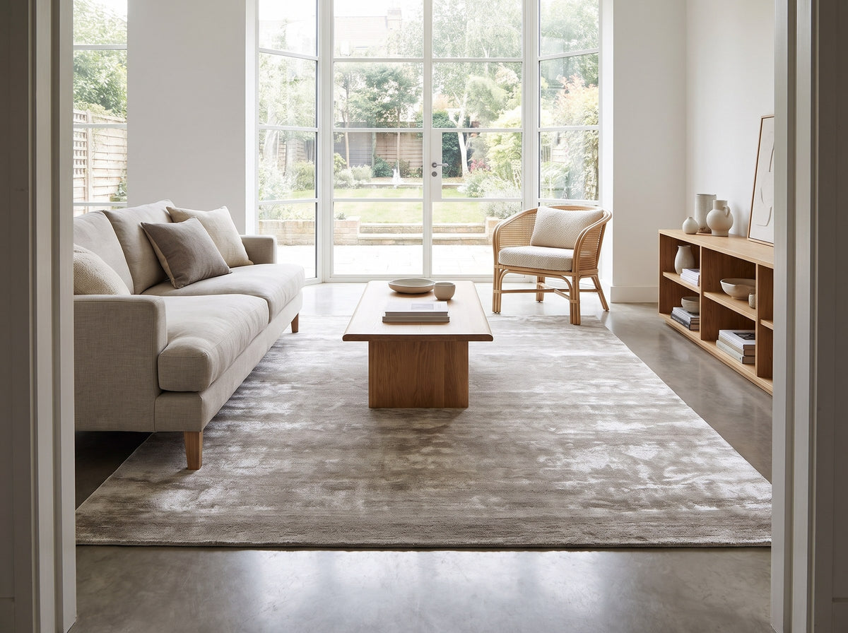 Inspiration déco : Tapis Viscose Gris Argent - Riflesso dans le salon d'une maison d'architecte, sur un sol en béton ciré