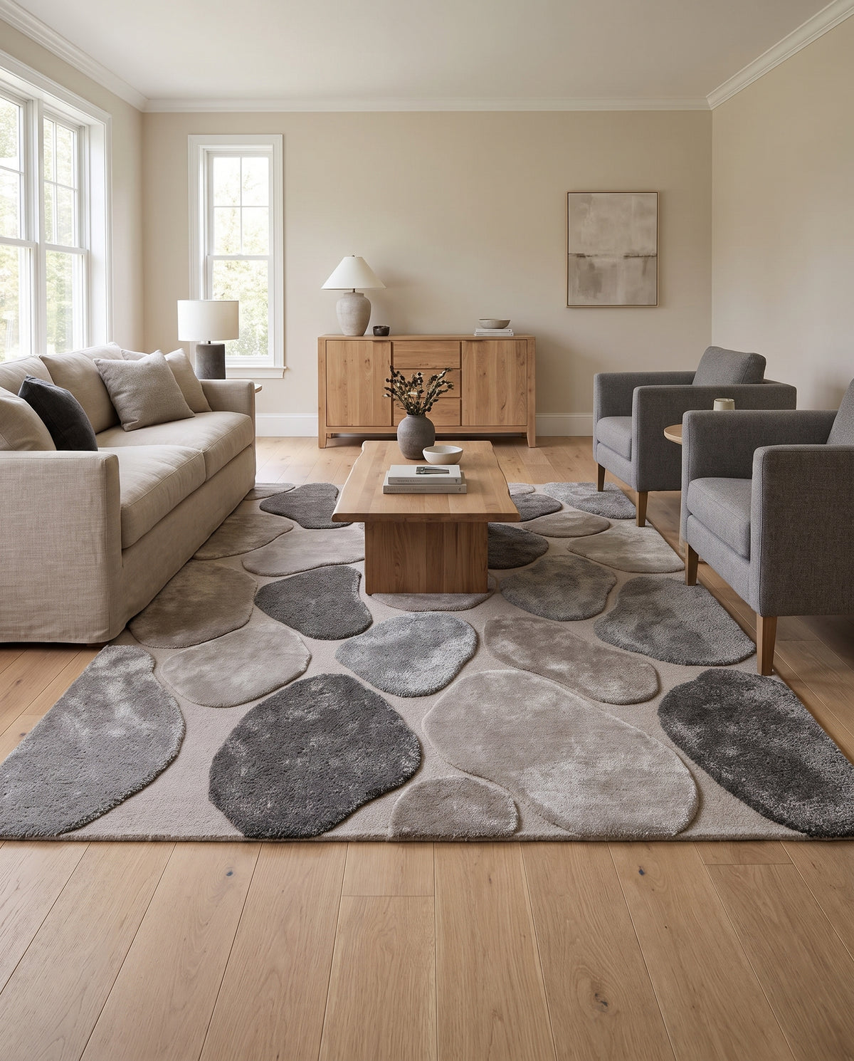 Galets gris, charbon et taupe au relief lustré animent ce tapis en laine et viscose dans un salon lumineux
