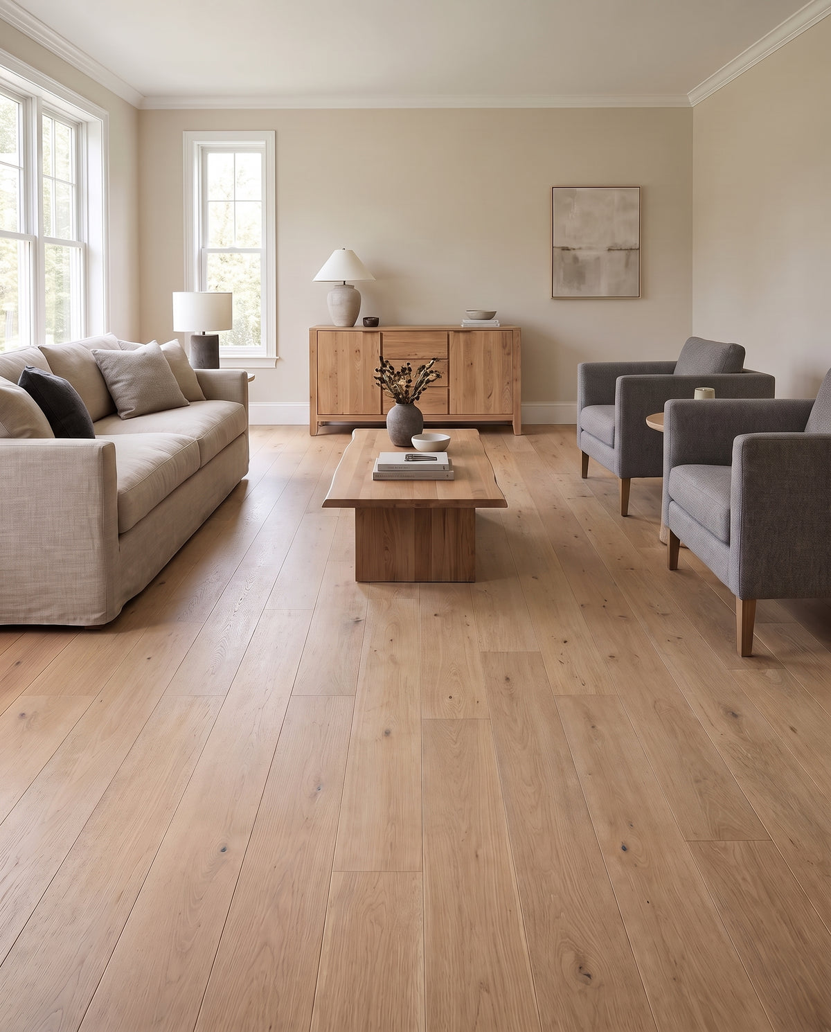 Salon moderne au parquet en bois clair et au sol nu, avec un canapé beige, des fauteuils gris et un buffet en bois