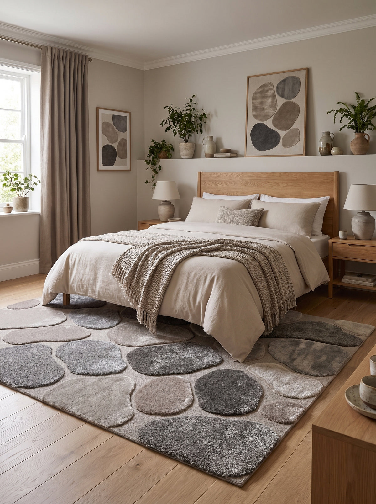 Des galets aux teintes gris et taupe, en viscose et laine, créent un relief lustré sur ce tapis posé dans une chambre