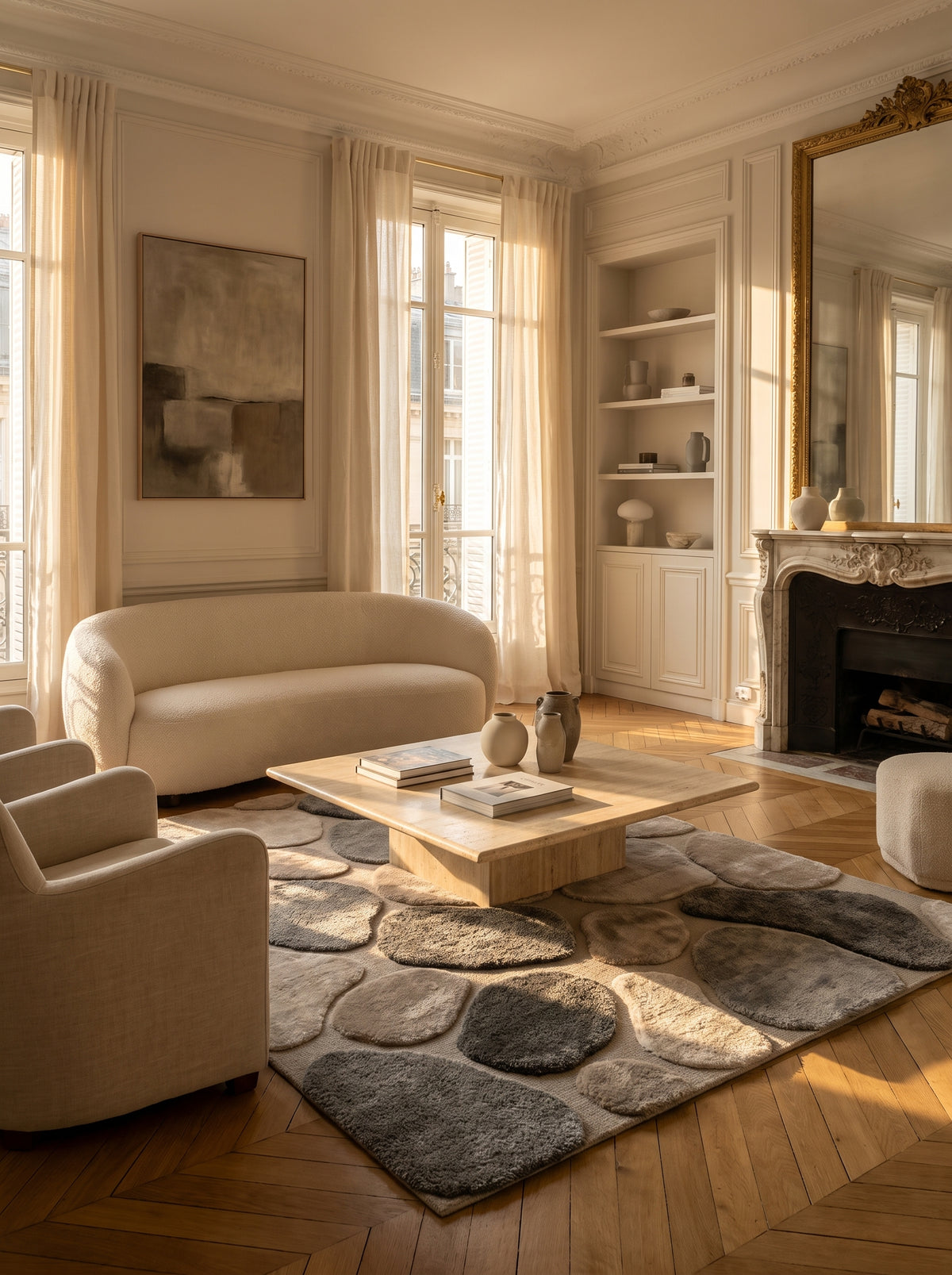 Dans un salon lumineux, un tapis en laine et viscose présente des galets gris, charbon et taupe lustrés