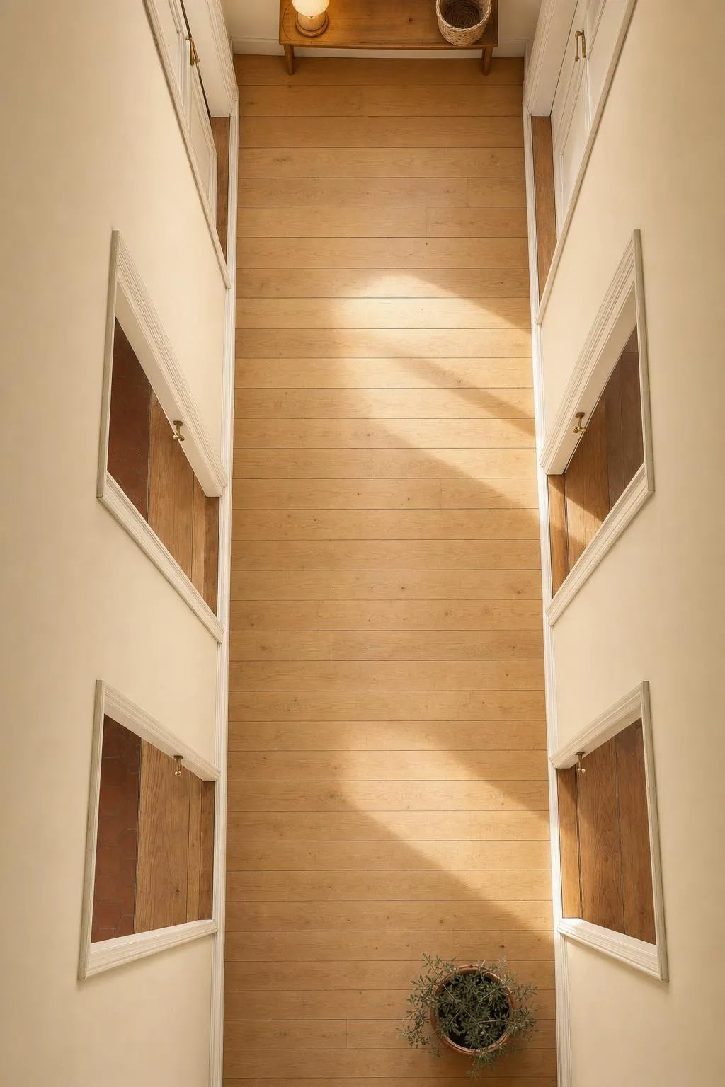 Der nackte Boden eines Korridors, von der Decke aus gesehen, mit einer Konsole oben und einem Pflanzentopf unten