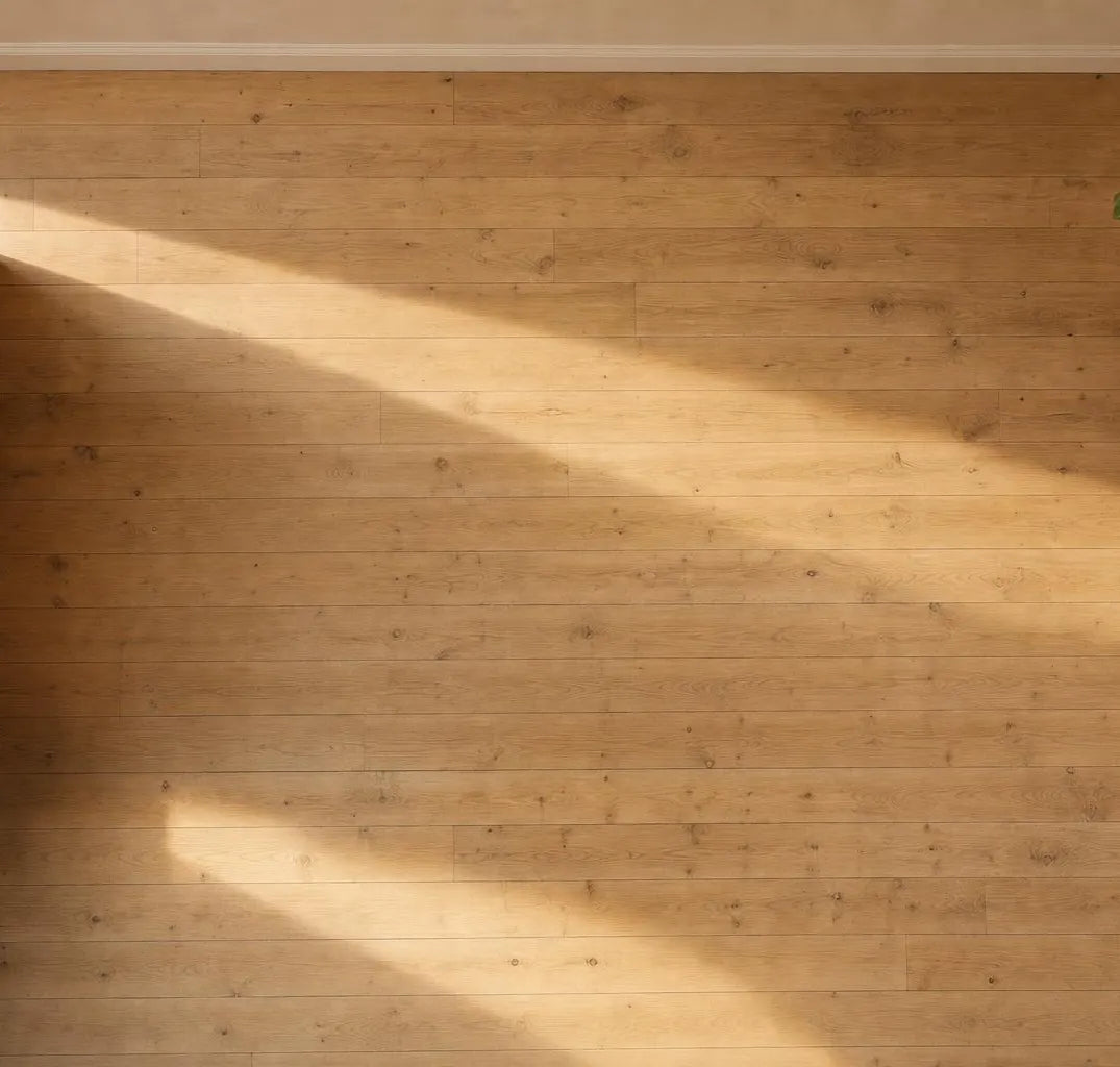 Der nackte Boden eines Esszimmers, von der Decke aus gesehen, mit einer Kommode und einer brennenden Lampe links